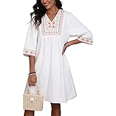 LauraKlein Mexican Embroidered Dress for Women Plus Size Boho 3/4 Sleeve Summer Dresses Fiesta V-Neck Casual Vacation Clothes