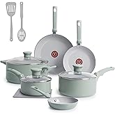 T-Fal Refresh Ceramic Nonstick Cookware Set, Oven Safe Up to 350ºF, 12-Piece, Includes Stockpot, Griddle, Frying Pans, Utensils, Ceramic Pots and Pans Set, Mint Green