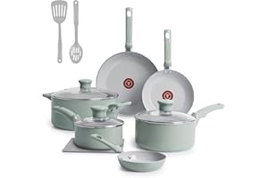 T-FAL Refresh Ceramic Nonstick Cookware Set, Oven Safe Up to 350ºF, 12-Pieces, Includes Stockpot, Griddle, Frying Pans, Utens