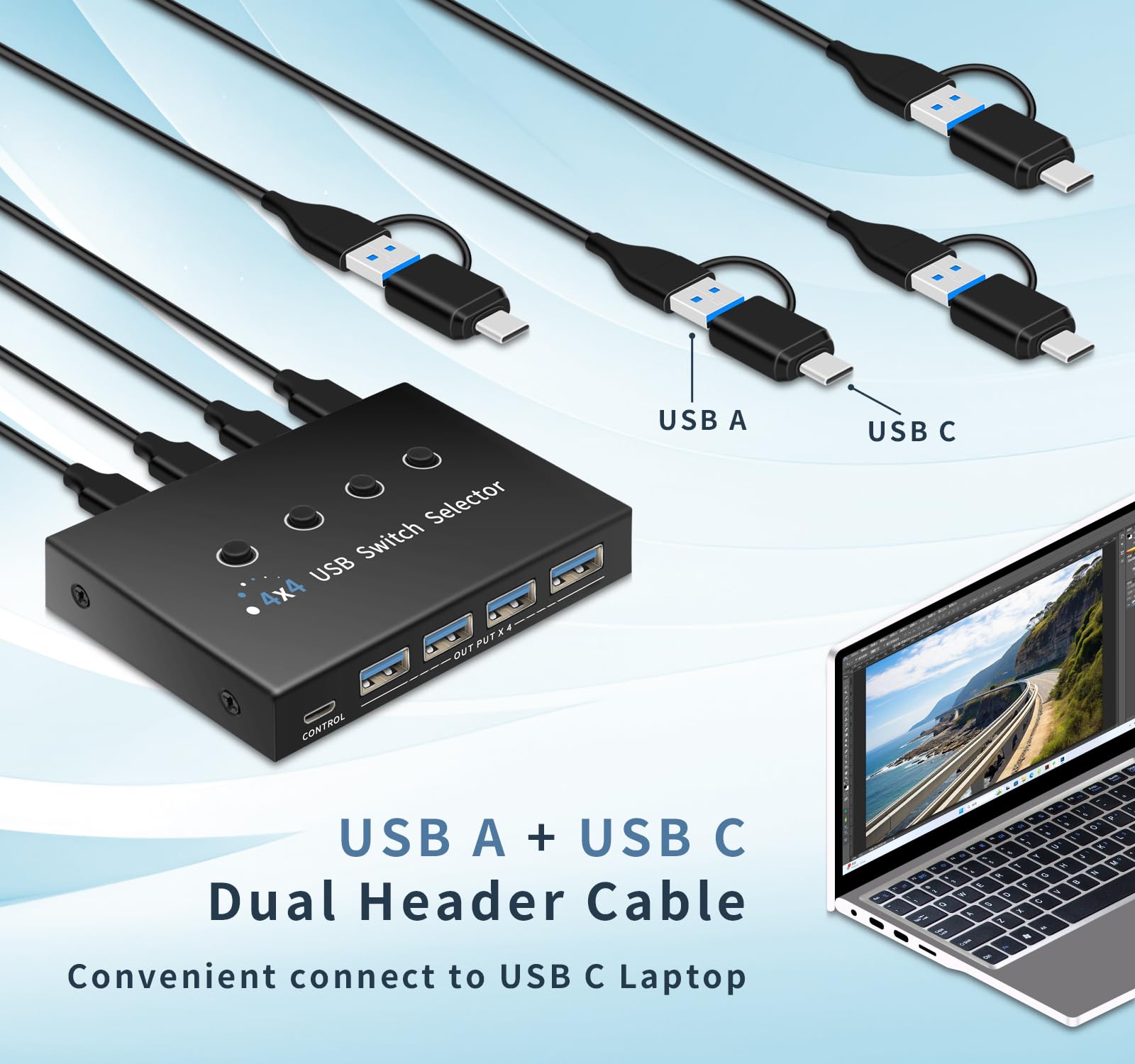 newiedkvm USB 3.0 Switch 4 Computers 3 Computers Keyboard Mouse,4 Port USB Switcher Sharing Mouse Keyboard Scanner Printer, Includes Cables and Remote(USB3.0-AC 4IN4OUT)