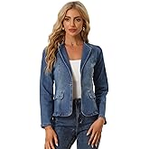 Allegra K Womens Jean Jacket Collarless Long Sleeve One Button Lightweight Denim Blazer Cropped Denim Jacket