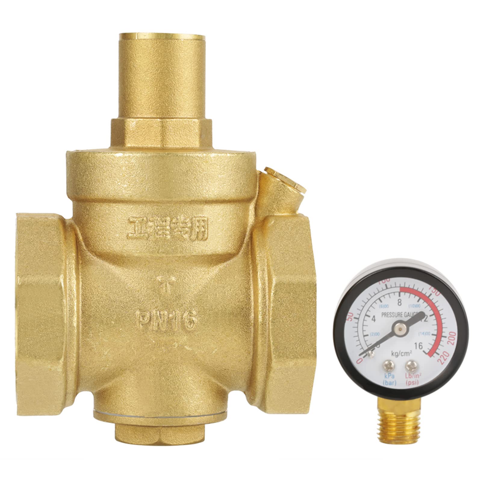 Pressure Reducing Valve, BSP DN50 2inch Brass Water Pressure Reducing Valve 2'' Adjustable Water Control Pressure Regulator Valve Thread with Gauge Meter 1.6MPa