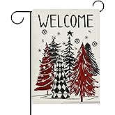 Dyrenson Welcome Christmas Tree Decorative Garden Flag, Xmas Red Black Pine Trees Snowflake Yard Outside Home Decoration, Winter Holiday Burlap Outdoor Small Decor Double Sided 12 x 18