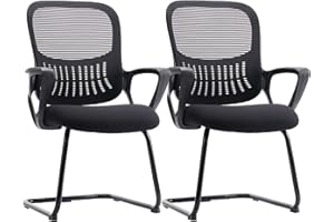 Sweetcrispy Reception Chair No Wheels, Stationary Non Rolling Mesh Mid Back Computer Guest Side with Lumbar Support for Waiting Area Reception Conference Room, Set of 2, Modern Black