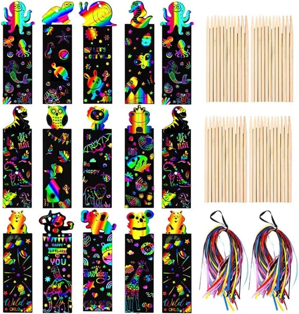 LATERN 96Pcs Scratch Art Bookmarks, 12 Style Magic Scratch Rainbow Bookmarks Animal Scratch Art Paper for Kids School Classroom Tags Party Bags Filler - with 96Pcs Wooden Stylus, 96Pcs Satin Ribbons