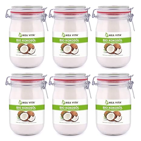 MeaVita Bio Kokosöl, nativ, 6er Pack (6 x 1000 ml) im Bügelglas