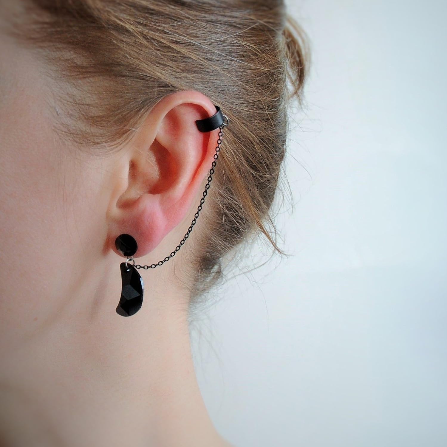 Black moons ear cuff earrings, chains ear cuff, black chain