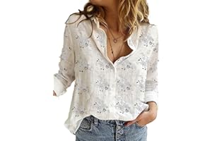 DEPENSL Womens Boho Floral Cotton Linen Shirt V Neck Button Down Roll Up Long Sleeve Lapel Blouse Tops 2025