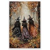 Horror Halloween Decor Wall Art Print Three Witches In The Forest Vintage Posters Decor Autumn Beautiful Witches Forest Canvas Printing For Living Room Bedroom 12x18inch Unframed