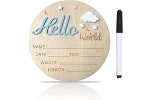 DUOJINSANXI Baby Announcement Sign, ​5.9 Inch Wooden Hello World Newborn Signs, Birth Announcement Sign, Cloud and Stars Decoration, Welcome Newborn Arrival To World, Hospital Nursery for Baby