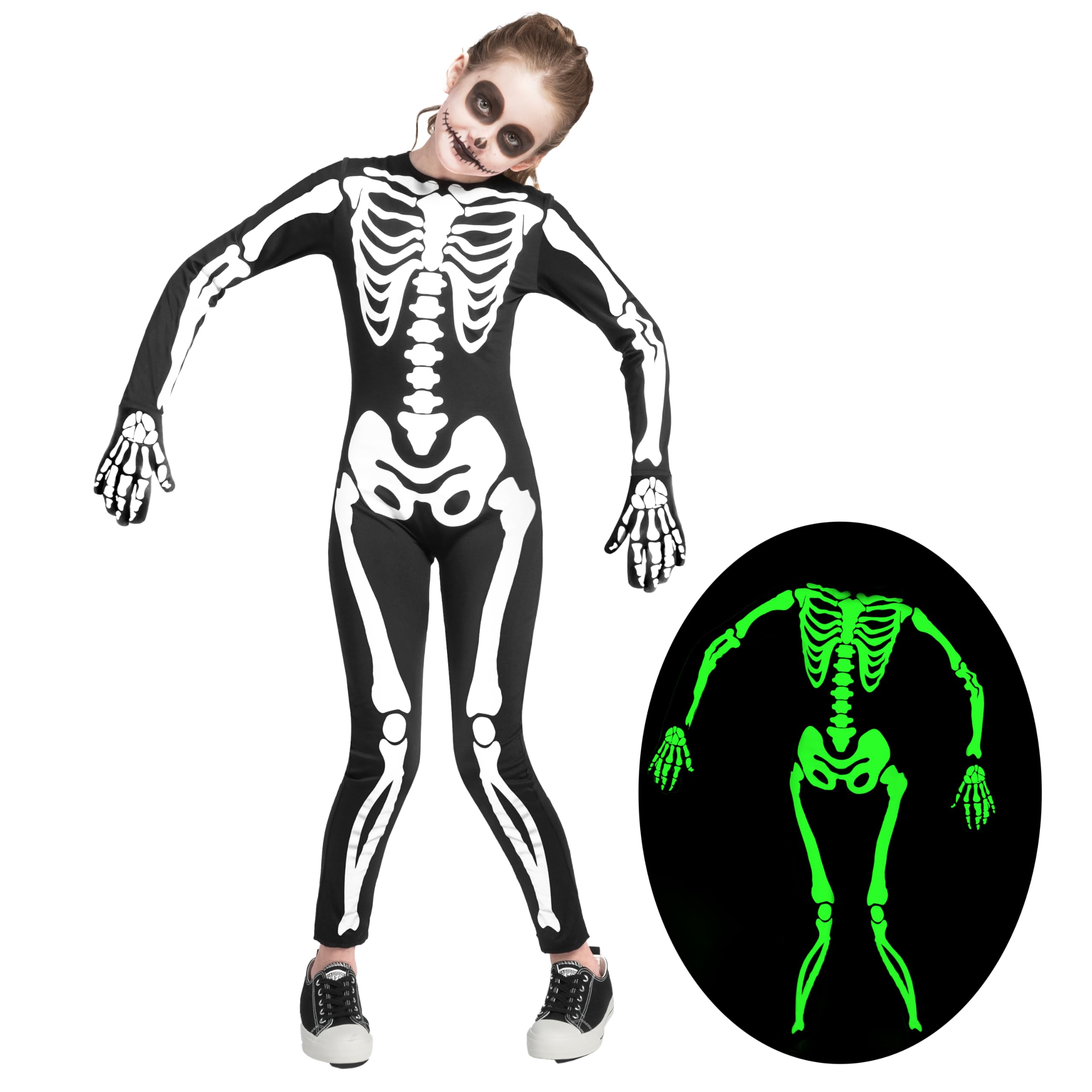 Spooktacular Creations Kids Skeleton Costume, Unisex Glow in the Dark Skeleton Jumpsuit with Gloves for Boys, Girls Halloween Dress Up, Role Play, Cosplay Party-S