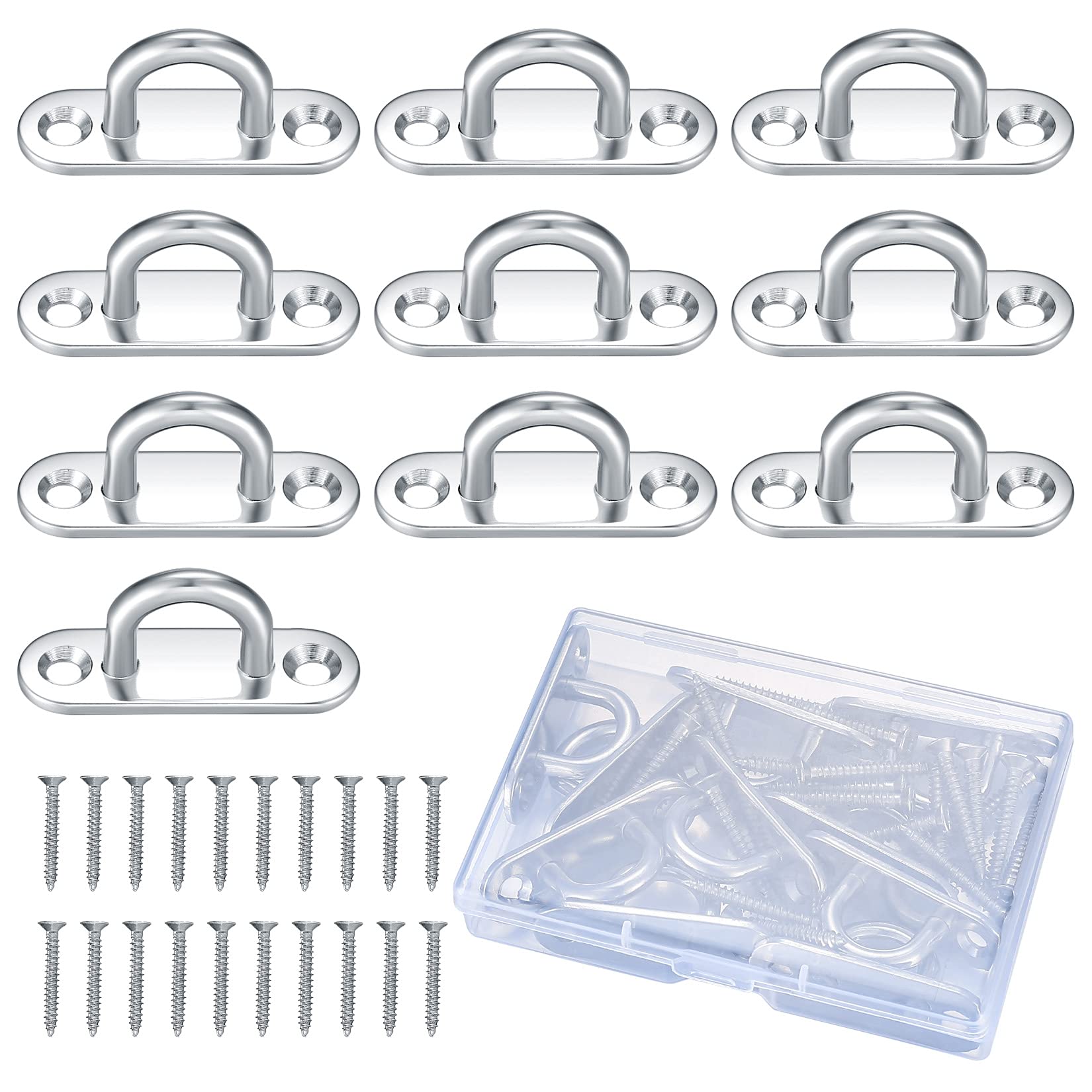 pzihao 10 Pcs M5 Stainless Steel Eye Plate, Metal Oblong Eye Plate Pads, Staple Rings Hooks Hardware with 2 Holes for Rope Loop Hanging Hooks, with Screws