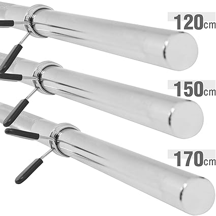 GORILLA SPORTS Langhantel-Stange mit Federverschlüssen 120/150 / 170 cm - Standardnorm gerändert und verchromt