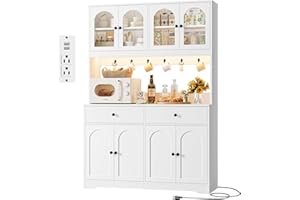HIFIT 71" LED Kitchen Pantry Cabinet with Power Outlet, Large Kitchen Hutch Storage Cabinet with Arched Door & Shelves & 2 Dr