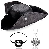 Chicingyou Pirate Hat Pirate Costume Accessories Leather Tricorn Hat Necklace Eye Patch Mardi Gras Party Men Women Distressed