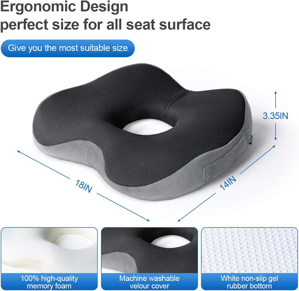 HOKEKI Seat Cushion for Chair, 100% Memory Foam and Lumbar Support - Donut Pillow for Tailbone Pain, Sciatica, Back & Buttoock Pain Relief (Gray) : Office Products