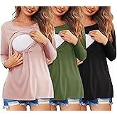 Ekouaer Women 3 Packs Nursing Shirts Long Sleeve Breastfeeding Tops Round Neck Postpartum Clothes Double Layer Maternity Tee
