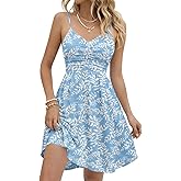 oten Women's Summer Ruched Mini Dress Adjustable Spaghetti Strap V Neck Sleeveless Flowy Boho Floral Dresses with Pockets