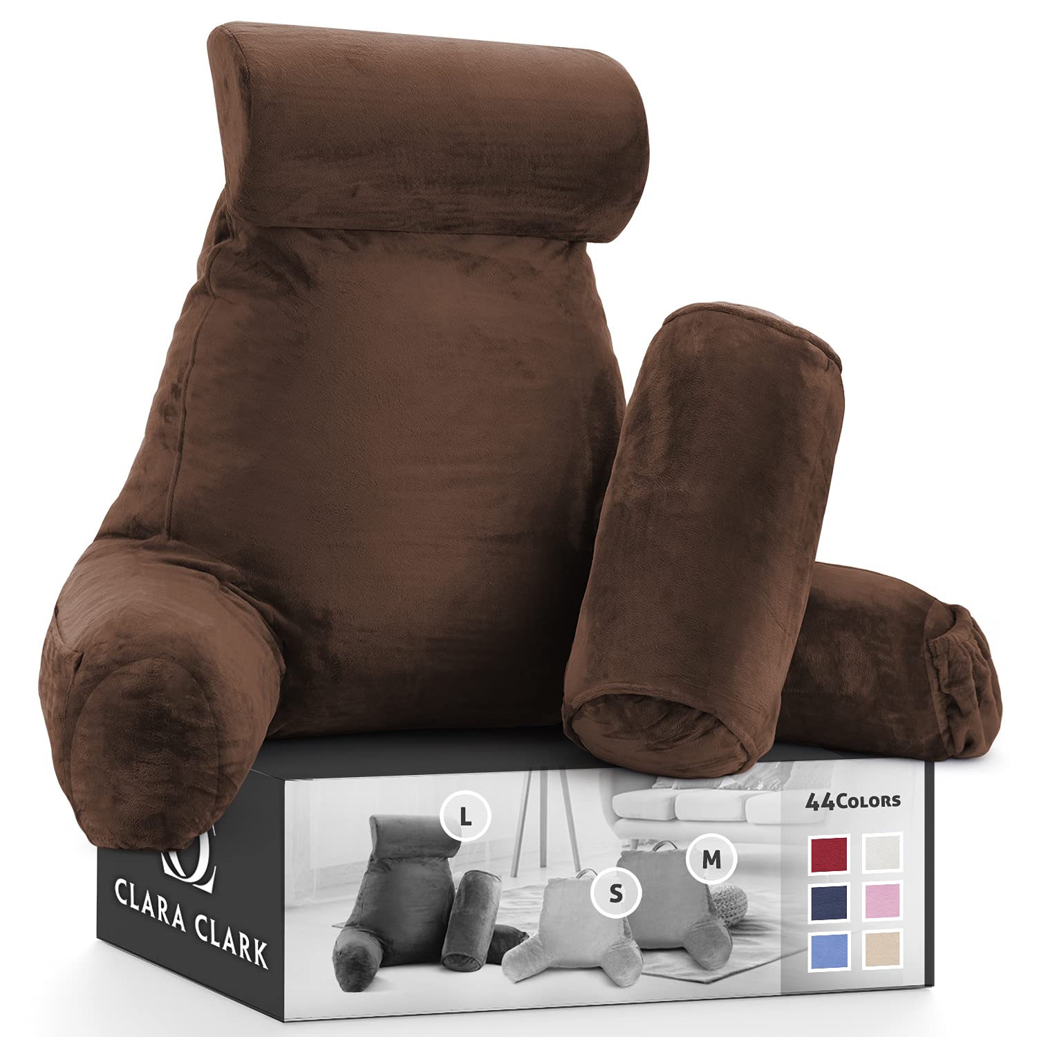 Clara Clark Reading Pillow, Back Rest Pillow for Sitting in Bed with Arms for Kids & Adults – Premium Shredded Memory Foam TV Sit Up Pillow – Large, Brown