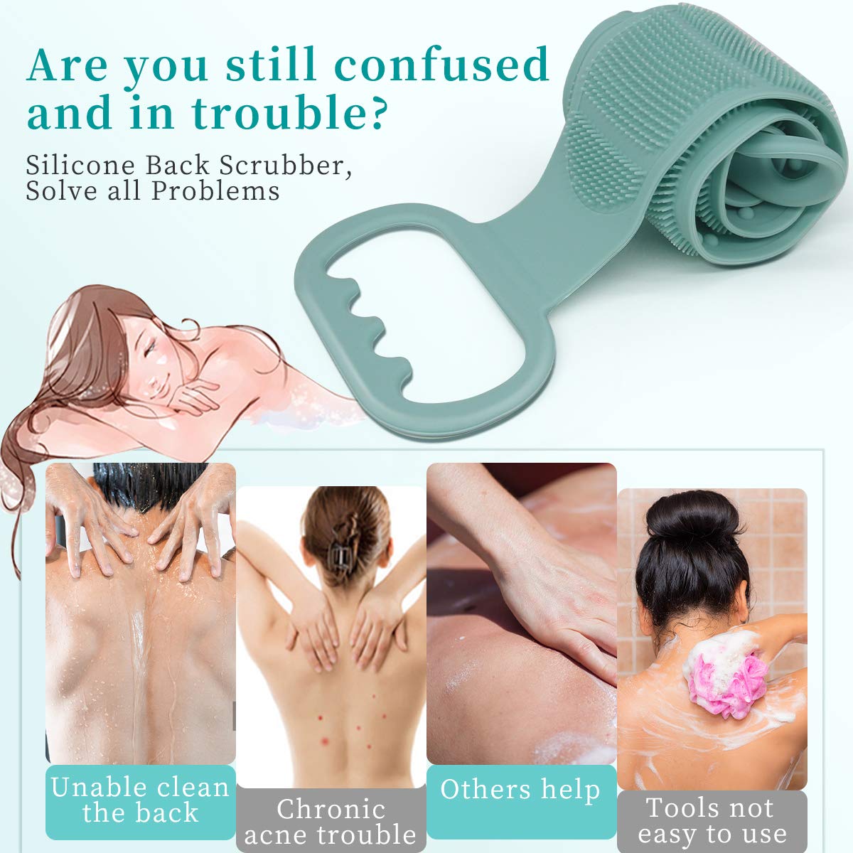 Silicone Bath Body Brush, Exfoliating Long Double Side Silicone Body Back Scrubber, Strong Rub Back Mud Silica Gel Bath Towel, Easy to Clean, Telescopic Flexibility for Women and Teenagers (Green) : Beauty