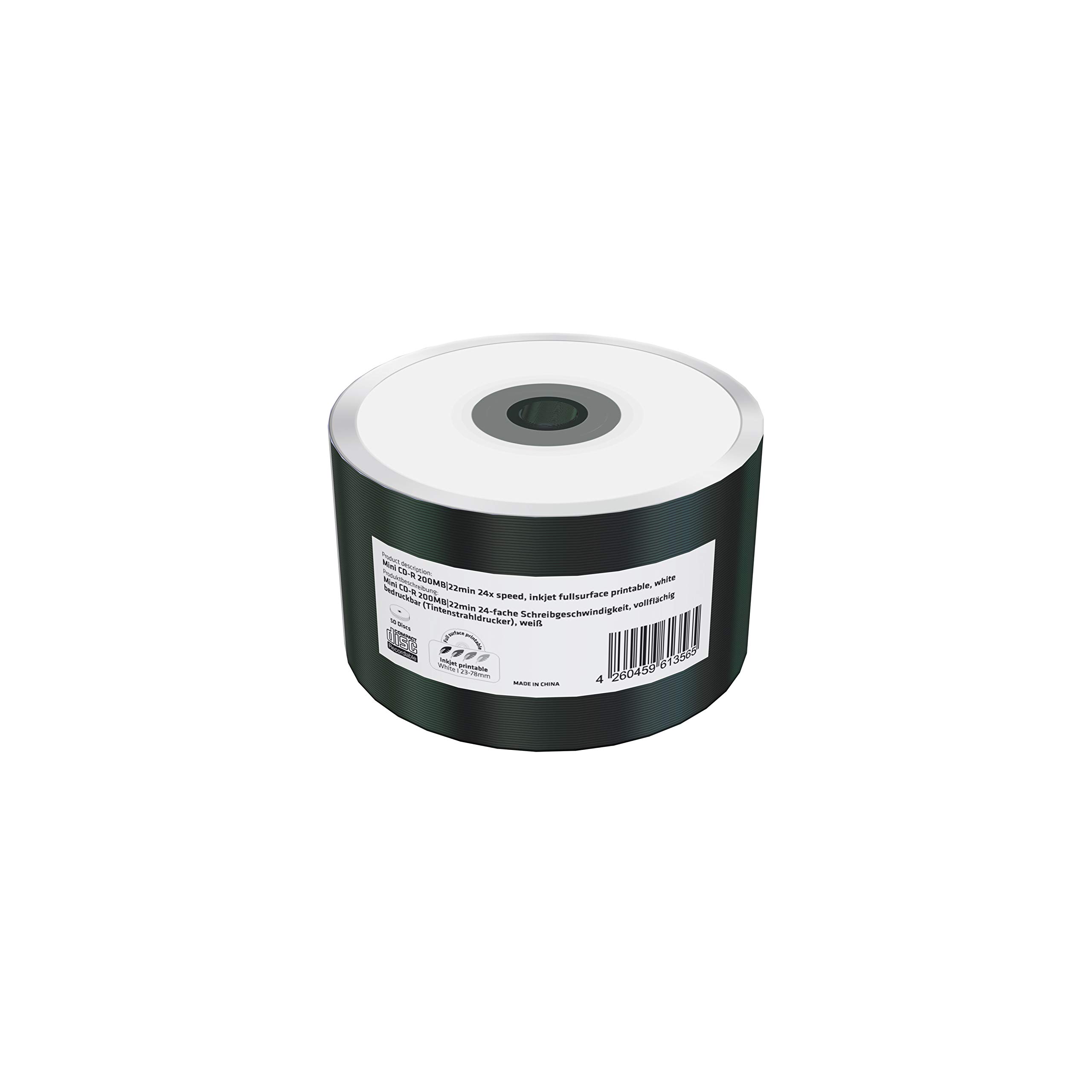 Mini CD-R 200MB/22min 24x Write Speed, Full Surface Printable (Inkjet Printer), Pack of 50 in Film (Shrink)