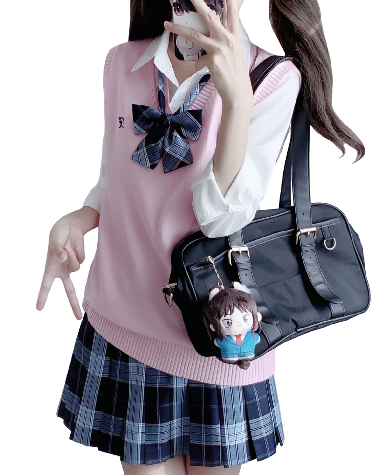 [QOOLYㅤ] 女子高生 制服 コスプレ スクール ニットベスト プリーツスカート チェック柄 蝶結び シャツ セット 学生服 女の子 高校生 JK制服 コスチューム 仮装 卒業式スーツ 学園祭 文化祭 卒業式 入学式 本格制服 pink L の商品画像