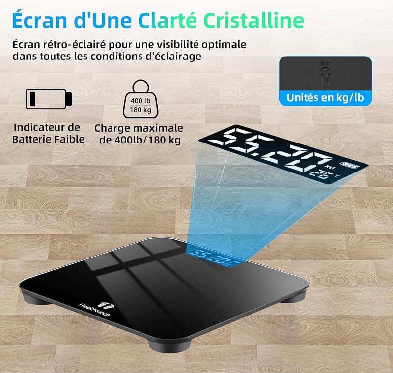 Balance Pese Personne Électronique, Pese Personnes de Haute Précision avec Affichage par LCD, Design Fin, poids Max. 180 kg/ 400lb Noir