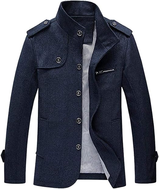 Men's Military Stylish Single Breasted Natural Fit Stripe Lined Wool