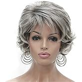 Aimole Short Curly Synthetic Wigs Full Capless Hair Women's Thick Wig for Everyday Light Gray with Dark Root (48T)