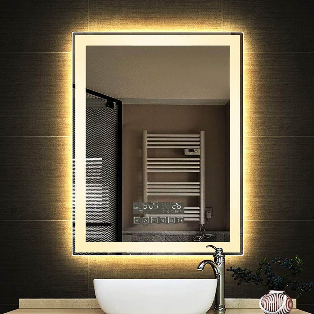 HORV Humanized Dimmable LED Bathroom Wall Mirror, Bluetooth + White Light/Warm Light/Daylight + Calendar + Time + Temperature + Call + Music Player