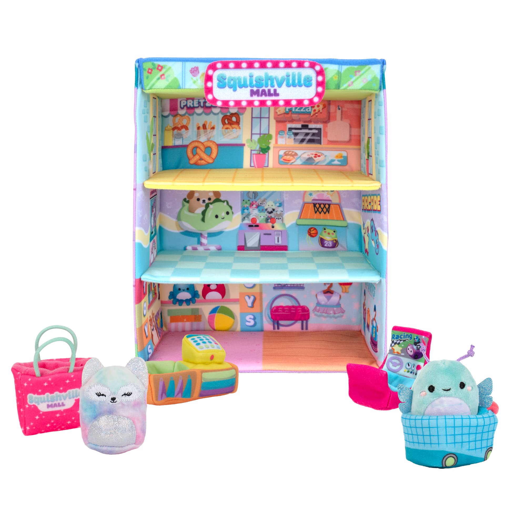 Squishville by Squishmallows SQM0158 Mall-Two 2” Mini-Squishmallow Plush Characters, Themed Play Scene, Plus 4 Accessories Bag, Shopping Cart, Cash Register, Arcade Machine, Multi