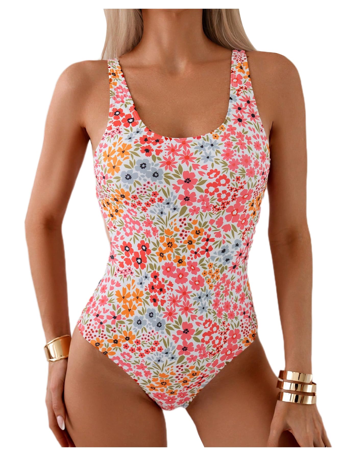 Photo 1 of (large) BEAUDRM Women's Floral Print Scoop Neck One Piece Swimsuit Tie Back Bathing Suit Backless Swimwear Multicolor Large