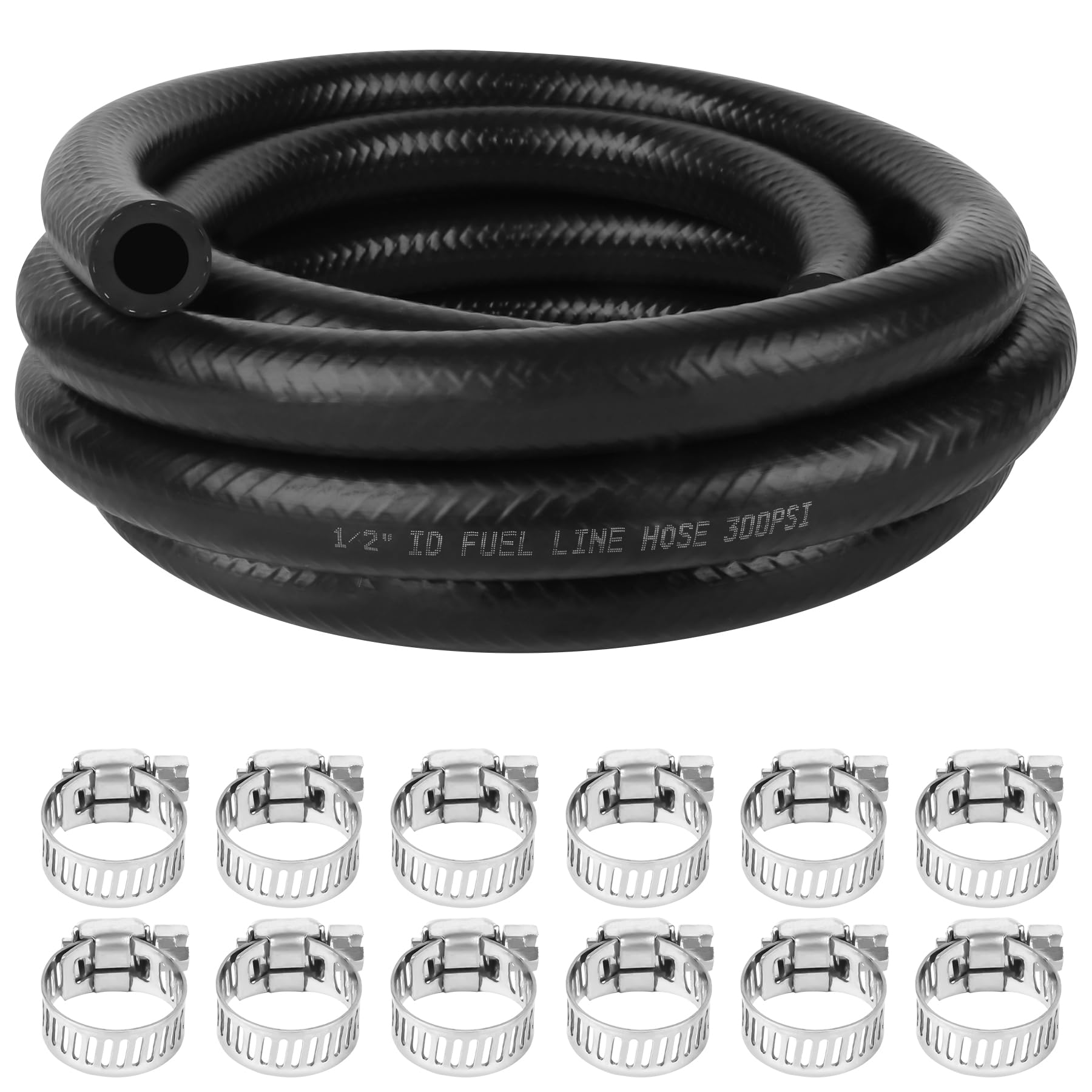 Photo 1 of 1/2 Inch (12mm) ID Fuel Line Hose 10FT NBR Rubber Push Lock Hose High Pressure 300PSI for Automotive Fuel Systems Engines with 12 Clamps