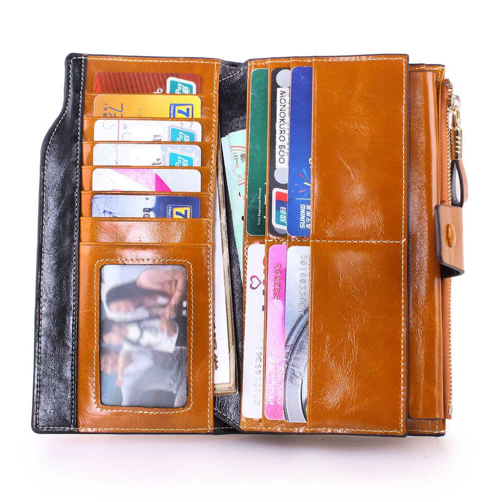 Kangming Women Leather Long Wallet Ladies Zipper Clutch Purse Credit Card Phone Holder (Brown)