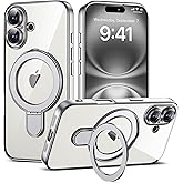 ETPESOK Compatible with iPhone 16 Case with Invisible Magnetic Ring Stand [Compatible with Mag-Safe] [Full Camera Lens Protector] Plating Clear Phone Case for iPhone 16 6.1", Silver