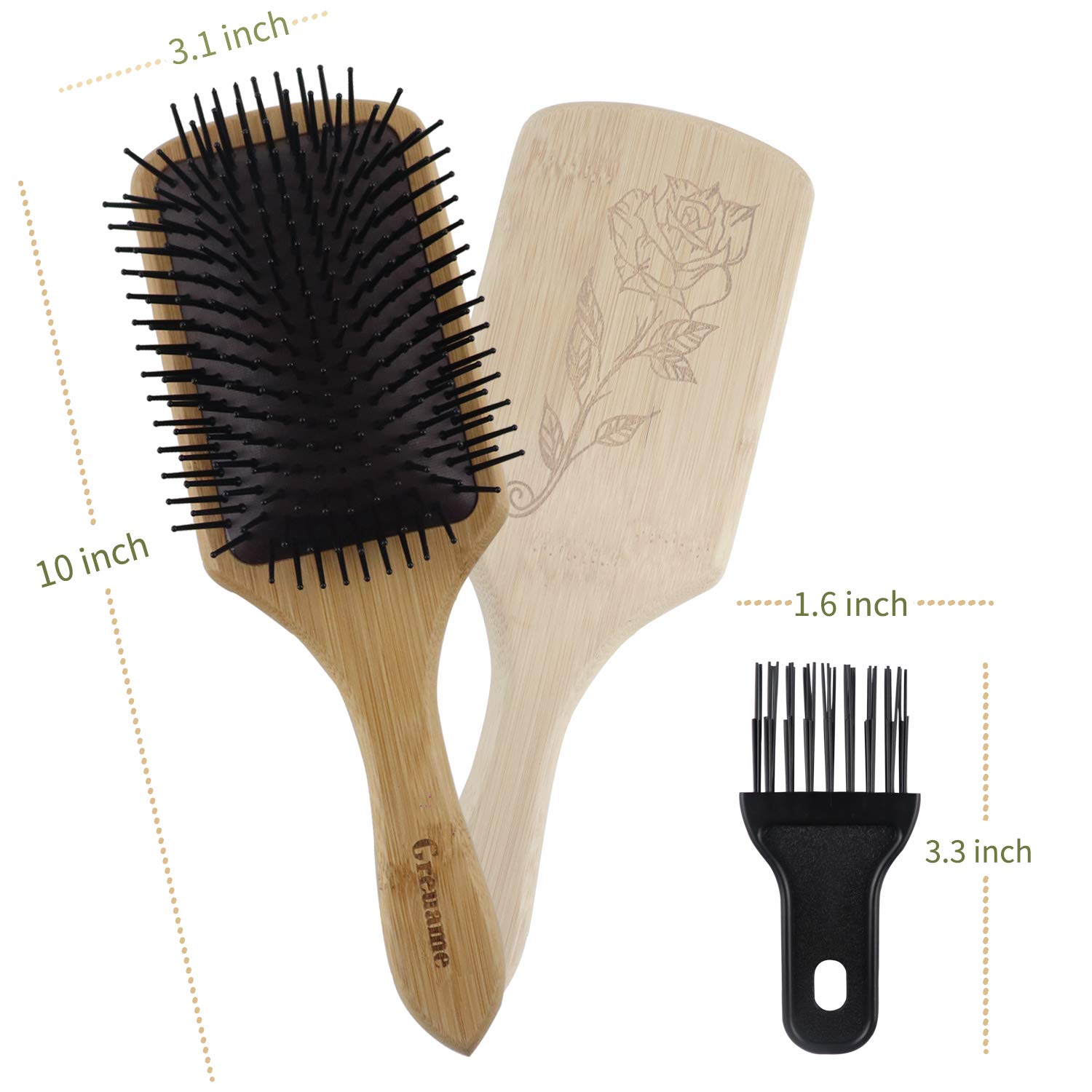 Greuame Hair Brush-Natural Bamboo Wooden Paddle with Ball-Tipped Bristles Detangle Brush for Women, Men and Kids All Hair Types, Massage Scalp Reduce Frizz Improve Hair Texture