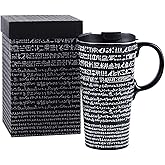 TZSSP Coffee Ceramic Mug Travel Mug Porcelain Latte Tea Cup With Lid 17oz. Rosetta Stone,Black