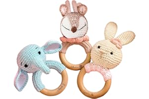 Personalized Baby Rattle, Custom Wooden Rattle Ring With Baby's Name or Date Handcrafted Crochet Bunny Rattles Newborn Gifts 