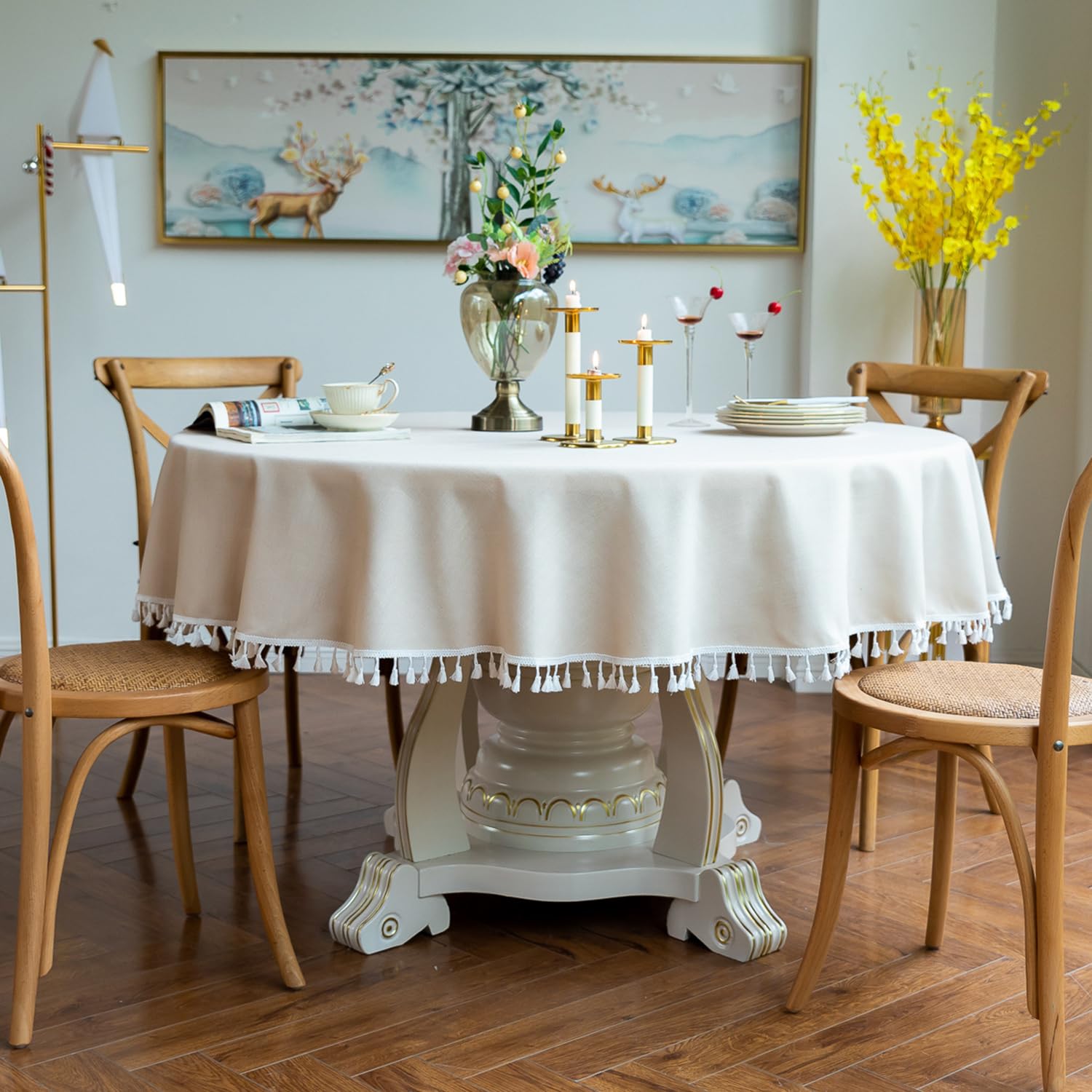 GOEXCPL Round Cotton and Linen Tablecloth with Fringes, Beige Diameter 140 cm, Suitable for Round Tables 80-100 cm in Diameter