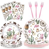 96pcs Western Cowgirl Party Plates and Napkins, Cowgirl Party Decorations for Girl Pink Western Party Dessert Plates, Baby Shower Kids Rodeo Pink Birthday Wild West Cow Print Tableware Decor, Serve 24