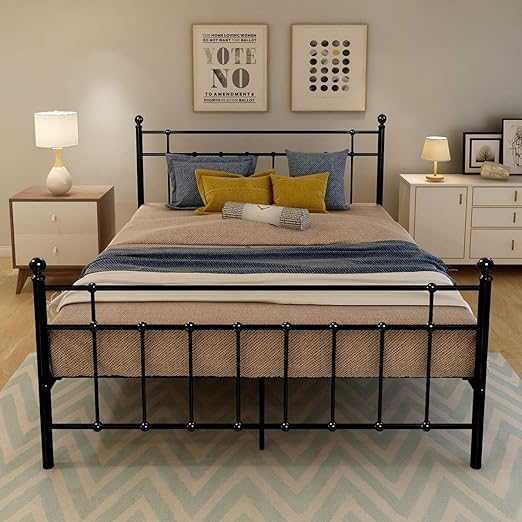 Metal Bed Frame Queen Size with Modern Style Headboard and Footboard