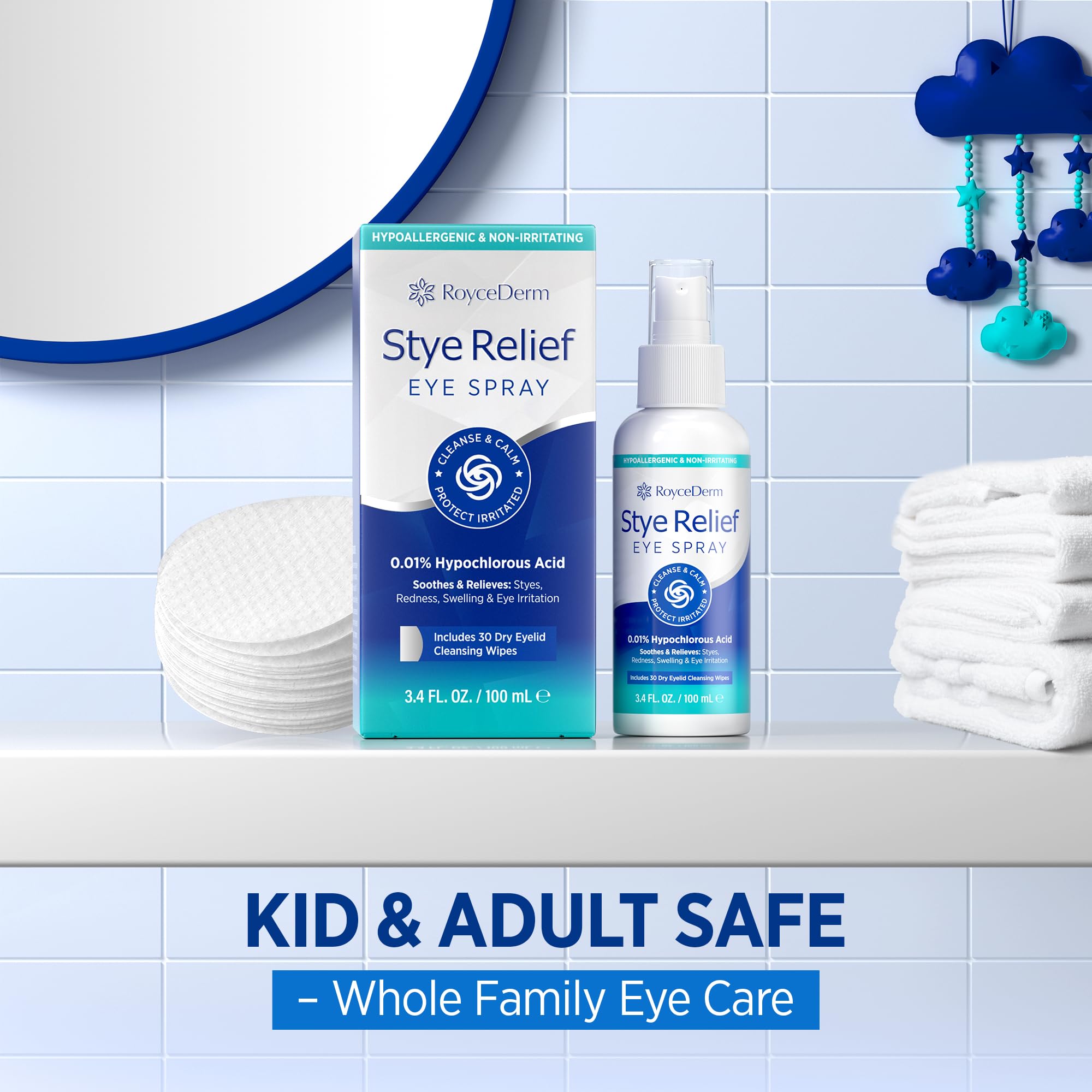 Stye Eye Treatment Relief Spray - Hypochlorous Acid Mist for Itchy, Dryness Eyelids & Makeup Removal - Eyelash, Eyelid Cleanser & Around Eye Wash Care with Natural Ingredients, Cotton Pads, Kids Safe