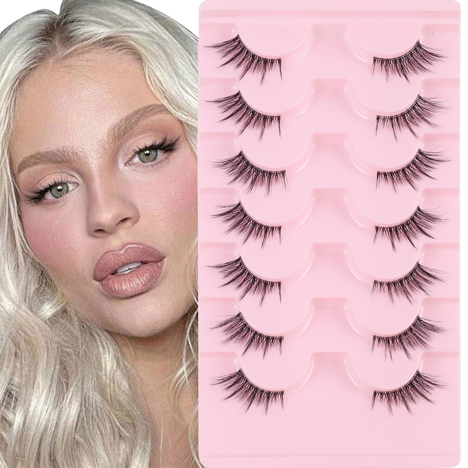 Oreola Cat Eye False Eyelashes Clear Band Half Manga Lashes Natural Look Faux Mink Corner 3/4 Fake Lashes Wispy Handmade Reusable 7 Pairs — image 1