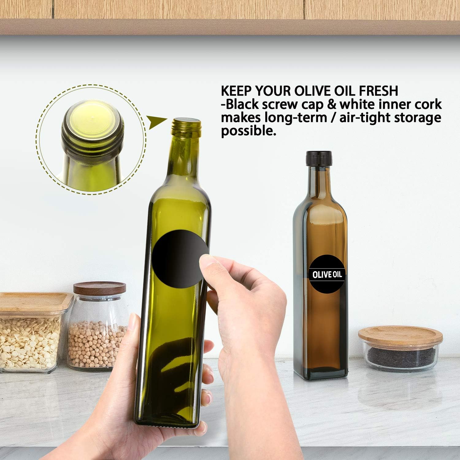 Aozita 17oz Olive Oil Dispenser Bottle Set with Stainless Steel Holder Rack - 500ml Glass Oil & Vinegar Cruet with No-drip Pourers, Funnel, and Labels - Dark Green & Brown: Home Improvement