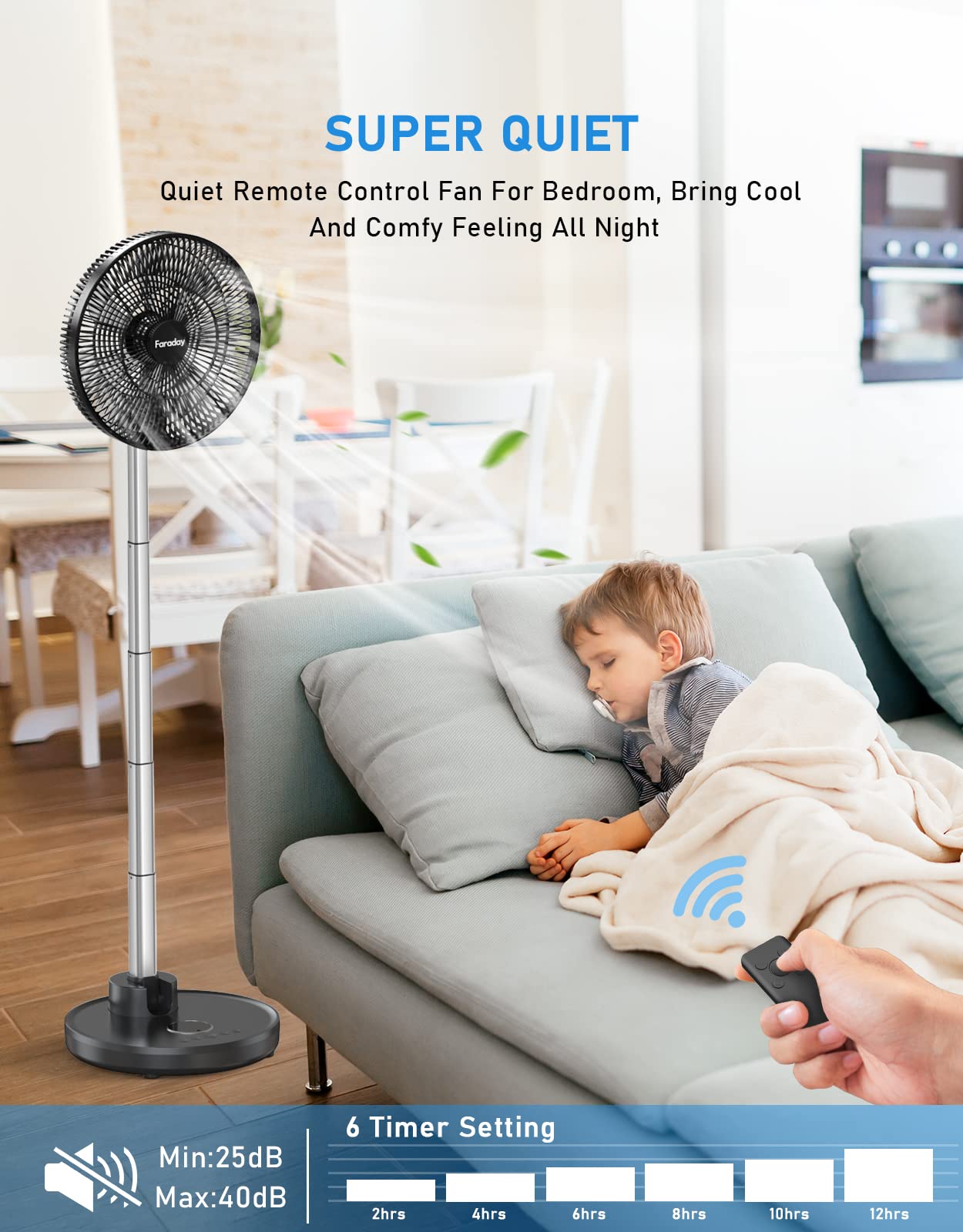 FARADAY Oscillating Standing Fan 12” Foldable Portable Quiet Floor Fan 12000mAh Rechargeable Pedestal Fan with Remote, Timer Setting, Height Adjustable Foldaway Fan for Bedroom Home Office, 6 Speed