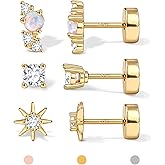 14K Gold Plated Solid 925 Sterling Silver Post Flat Back Earrings Stud | Cartilage Helix Conch Tragus Piercing Jewelry 3 Pairs Tiny Screw Dainty CZ Opal Earring Set Men Women