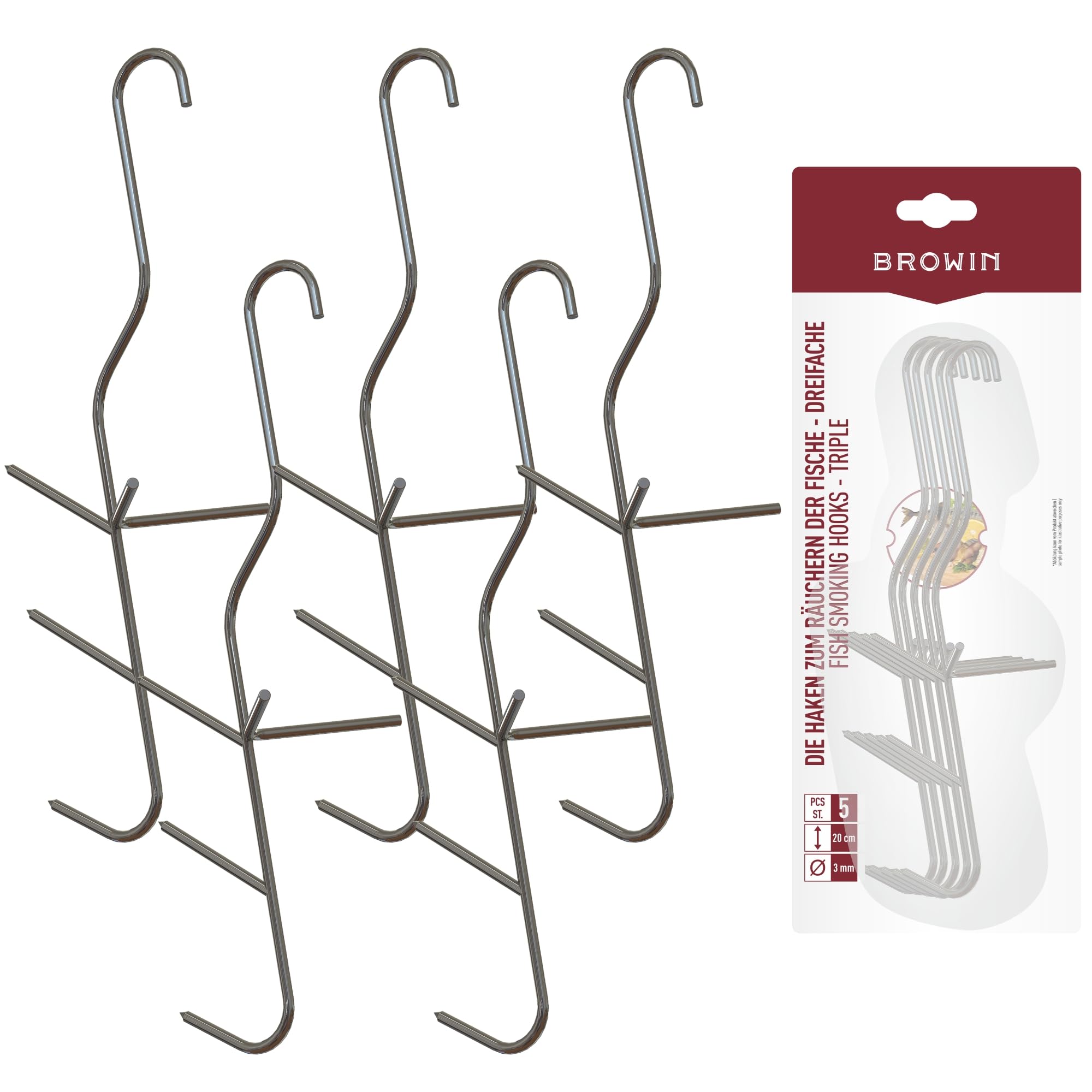 Browin 311302 Fish Hooks for Smoking - with Three Tips, Rustproof, Resistant to High Temperature, 5 Pieces, Grey, 5 x 8 x 19 cm