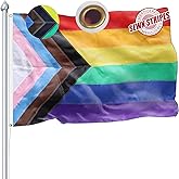 Progress Pride Rainbow Flag 3x5 FT for Outside, Heavy Duty 210D Nylon LGBTQ Gay Lesbian Bisexual Transgender Rainbow Flags Outdoor, Sewn Stripes All Inlcusive Progressive Pride Flag Brass Grommets