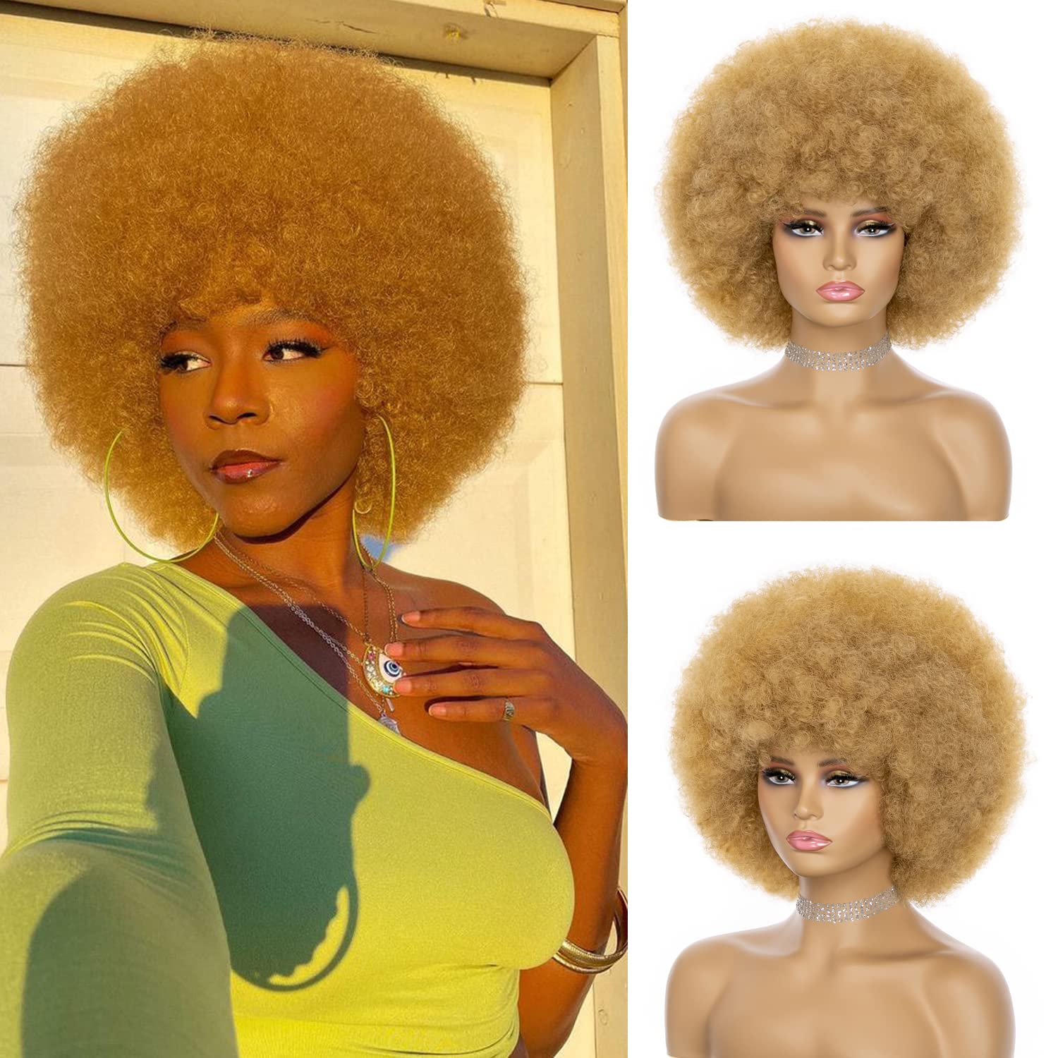 JSDshine Afro Wig For Women Blonde Soft 70s Afro Kinky Curly Hair 