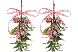 Yolyoo 2 Pcs Mistletoe Christmas Decor Mistletoe Christmas Decor Hanging with Plaid Bow Red Berries Artificial Kissing Ball D